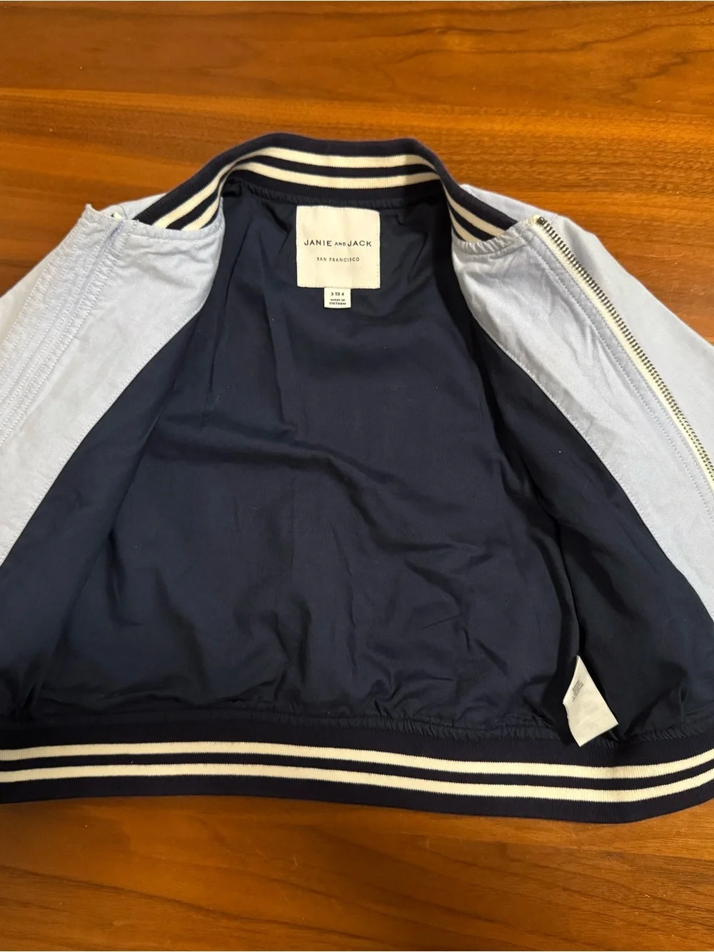 Janie and Jack Light Blue Kids Bomber Jacket with Navy Trim